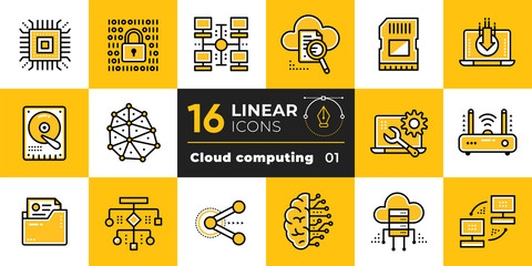 Linear icon set of cloud computing, internet technology, data secure. Suitable for presentation, mobile apps, website, interfaces and print