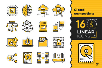 Linear icon set of cloud computing, internet technology, data secure. Suitable for presentation, mobile apps, website, interfaces and print