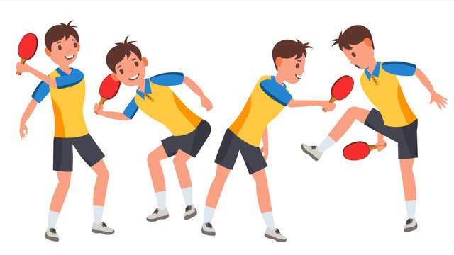 Table Tennis Male Player Vector. Playing In Different Poses. Game Match. Silhouettes. Man Athlete. Isolated On White Cartoon Character Illustration