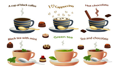 Set of hot drinks. Coffee latte, mocha and cappuccino in cups, isolated on white background. Hot chocolate and black tea in mug. Vector illustration of green tea and herbal tea.