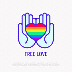 LGBT symbol, rainbow heart in hands thin line icon. Modern vector illustration.