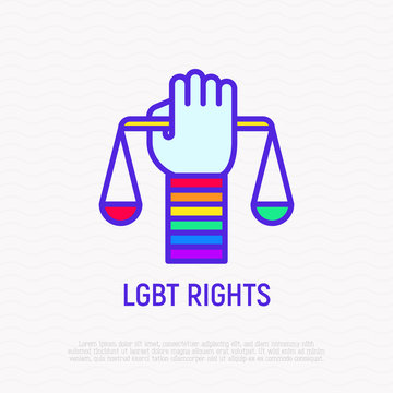 LGBT rights thin line icon: hand with scales and rainbow wristband. Modern vector illustration.