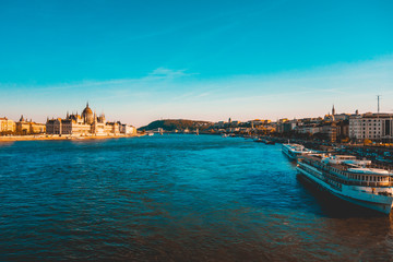 touristic scene of danube river at budapest, hungary