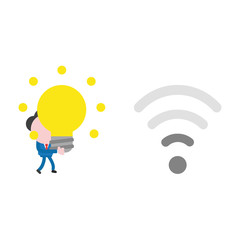 Vector businessman character walking and carrying glowing light bulb idea to wireless wifi with low signal