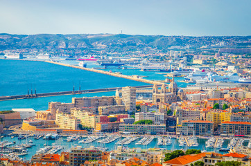 Aerial view of Saint Jean Castle and Cathedral de la Major and the old Vieux port in Marseille, France