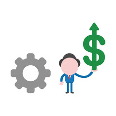 Vector businessman character with gear and holding dollar arrow moving up