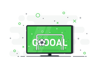 Soccer match on TV set on the white background. Goal sign and football / soccer ball. Trendy flat vector Illustration.