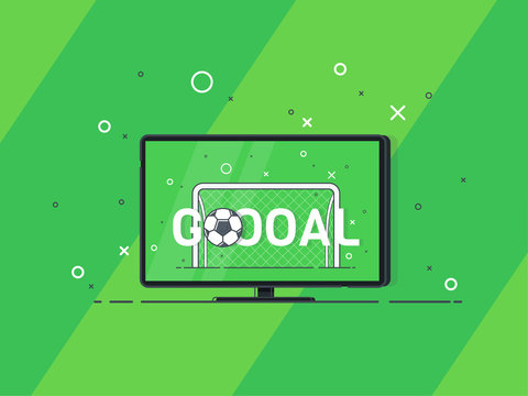 Soccer match on TV set on the green background. Goal sign and football / soccer ball. Trendy flat vector Illustration.