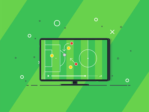 Soccer match on TV set. Playing field on screen. Trendy flat vector illustration. 
