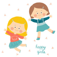 Jumping kids. Cute little girls smiling and jumping. Happy children jumping. Vector clip art illustration of cartoon kid, teen character isolated on white background.