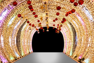 Arch bokeh gold, Blurred arch Bokeh golden light background night arch of lamps LED colorful yellow shine, Backdrop arch door light glitter gold luxury decoration merry christmas and Happy new year