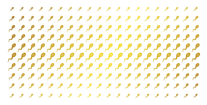Happy spermatozoon icon gold halftone pattern. Vector happy spermatozoon shapes are organized into halftone matrix with inclined gold color gradient. Designed for backgrounds, covers,