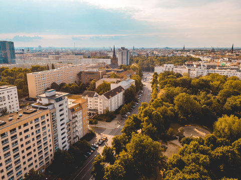 Volkspark Friedrichshain At Berlin And Some Plattenbau Buildings