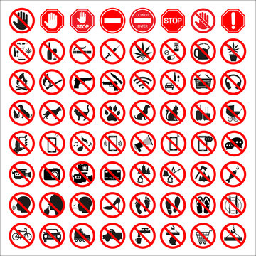 set of prohibition signs on white background