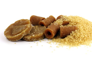 Sugar, Sugar solid concentrate, Reed Sugar cubes brown from Sugar cane and various kinds of sugar brown cubes round sphere on white background