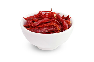 Chili, Dried red chillies in a white cup on white background, Chilli red Spicy hot flavor