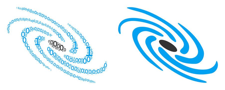 Galaxy composition icon of one and zero digits in different sizes. Vector digits are united into galaxy illustration design concept.