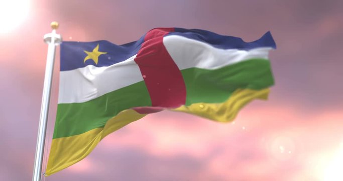 Flag of the Central African Republic waving at wind at sunset, loop