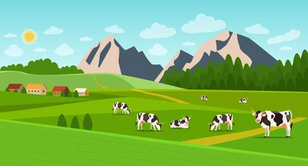 Fototapeten Sommerlandschaft mit Dorf und Kuhherde auf dem Feld. Vektorgrafik im flachen Stil © lyudinka