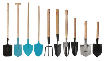 Set of gardening tools, hand Trowels and hand fork isolated