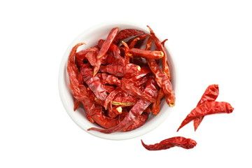 Chili, Chilli red Spicy hot flavor, Dried red chillies in a white cup top view on white background