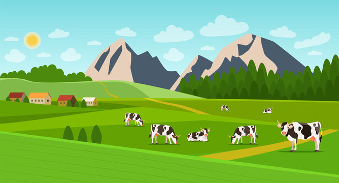 Summer landscape with village and herd of cows on the field. Vector flat style illustration