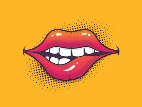 Biting female lips in pop art style with halftone in background vector cartoon illustration