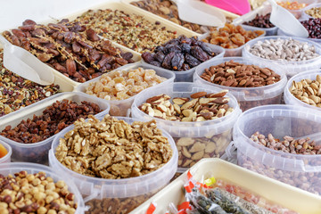 Different kinds of nuts at street Market in Spain.