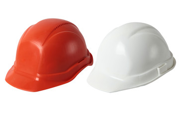 Set of engineer helmets ,Isolated white background. Safety uniform for industry. Construction concepts
