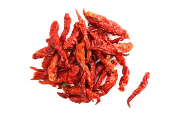 Dried red chili heap, Chilli red Spicy hot flavor, Chilli dry on white background