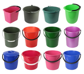 Set of various colored plastic buckets isolated on the white background.  Plastic bucket for garden, home, cleaning 