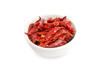 Chili, Chilli red Spicy hot flavor, Dried red chillies in a white cup top view on white background
