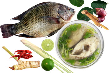 Tilapia and Boiled tilapia fish in clear bowl and Ingredients curry on white background (Tom-yam-pla thai word), Piece slice fish soup spicy in cup, Thai food tilapia fish boiled hot and sour soup