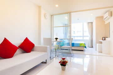 Modern condominium living white room and white bedroom 