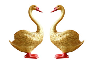 Swan Golden statue, Gold Swan duck Statue figurine isolated on white background