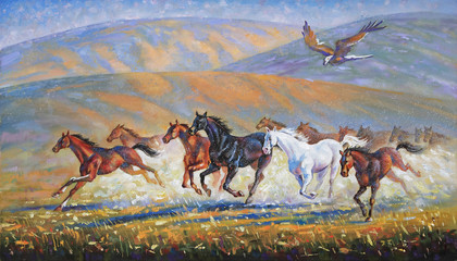 A large eagle over the running herd of horses. Painting: canvas, oil. Author: Nikolay Sivenkov.