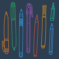 Sketchy Doodles Set of Writing and Drawing Utensils, Tools, Supplies for school and office: pen, pencil, felt pen. Cartoon vector eps 10 illustration on white background. Flat colors
