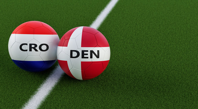 Croatia vs. Denmark Soccer Match - Soccer balls in Croatia and Denmarks national colors on a soccer field. Copy space on the right side - 3D Rendering 