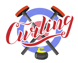 Curling sport lettering text with broom, stone and house on white background. Vector illustration. Curling brush calligraphy. Sport, fitness, activity vector design. Print for logo, T-shirt and caps.