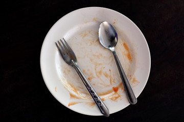 empty and dirty dish after eating food, plate fork and spoon