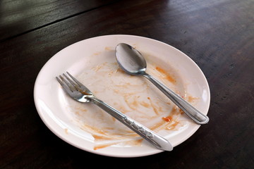 empty and dirty dish after eating food, plate fork and spoon
