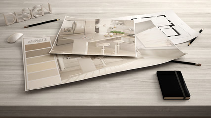 Architect designer concept, table close up with interior renovation draft, plan and color palette, project idea background, modern wooden kitchen