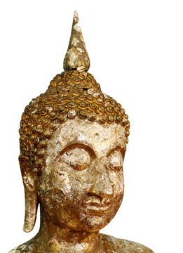 buddha statue, golden buddha face statue close-up isolated on white background