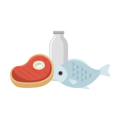 delicious fish meat with steak and milk vector illustration design