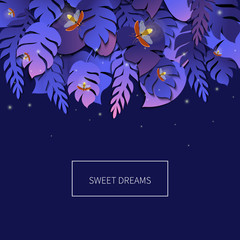 Sweet dreams tropical palm leaves template with twinkling fireflies on purple background. Summer trendy floral vector background made in 3D paper cut out style. Wildlife concept.