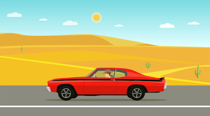 Fototapeta na wymiar A man is riding in a classic car. Vector illustration,