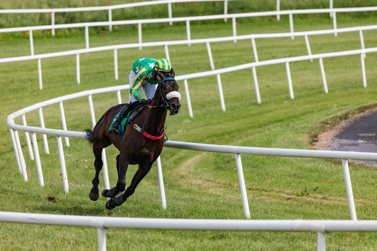 Single race horse and jockey racing on the track