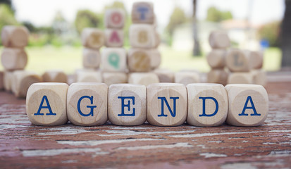 Agenda word written on cube shape wooden blocks on wooden table.