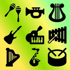 Vector icon set  about music instruments with 9 icons related to stick, sax, harp, colorful and white