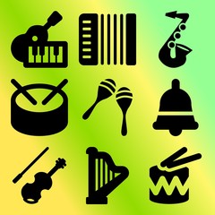 Vector icon set  about music instruments with 9 icons related to bell, sheet, decoration, concert and piano